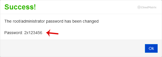 The SolusVM success message confirming that the VPS operating system root or administrator password has been changed.