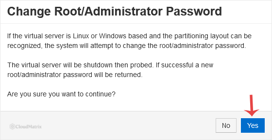 The SolusVM confirmation prompt asking you to confirm the root or administrator password change, with Yes and No buttons.