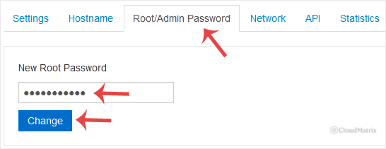 The Root/Admin Password tab in the SolusVM client area, showing the new password field and the Change button.