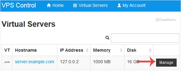The SolusVM control panel server selector, used to choose which VPS to view when the account holds more than one server