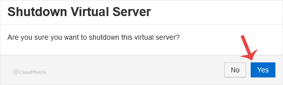 SolusVM confirmation prompt asking you to confirm the shutdown request, with Yes and No buttons