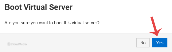 The SolusVM confirmation dialog asking you to confirm the boot action for the selected VPS, with Yes and No buttons