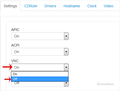 The SolusVM Settings tab showing the VNC dropdown being set to Off, alongside the APIC, ACPI and PAE controls